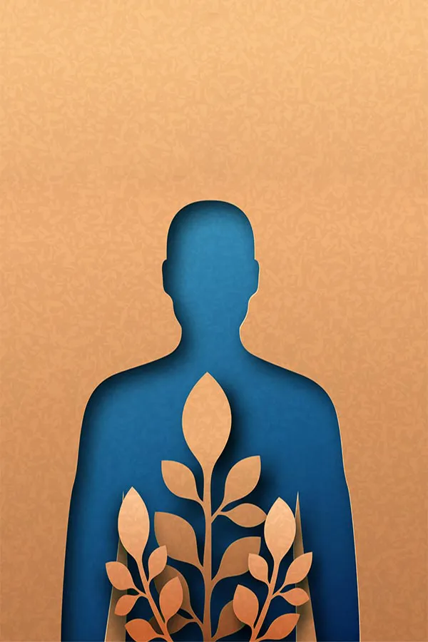A human body shape cut out of cardboard with blue paper underneath and cardboard leaves on top, symbolizing functional medicine treatment from Tanya Zboril, NP of TBT Medical in Ottawa–Gatineau.