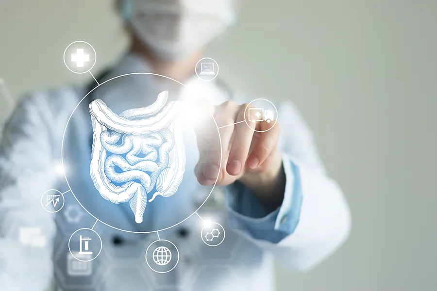 Tanya Zboril, NP of TBT Medical provides advanced Functional Medicine for Leaky Gut Syndrome treatments in Ottawa–Gatineau, shown by a doctor touching a glowing digital intestinal health display.