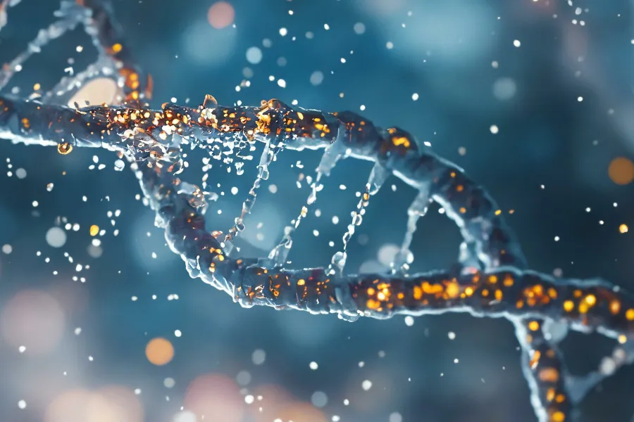 3D illustration of a a DNA strand in sparkling golds and blues. Get Regenerative Medicine treatment from Tanya Zboril, NP of TBT Medical in Ottawa–Gatineau.
